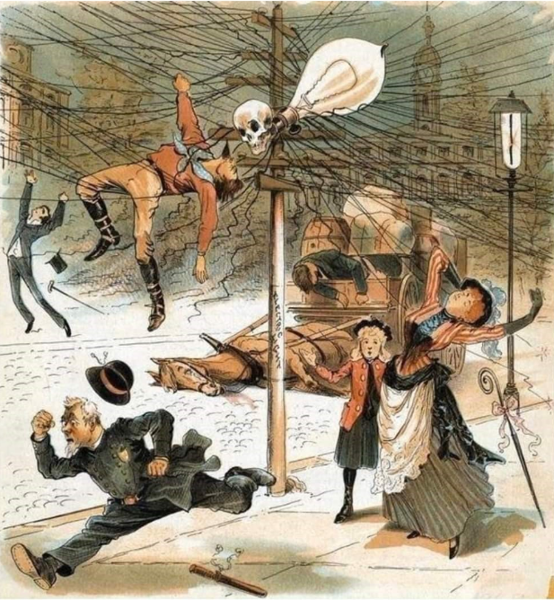 איור שהופץ על־ידי מתנגדי פריסת תשתיות החשמל בתחילת המאה ה־20, שחששו מהתחשמלויות המוניות. (הערת שוליים 46)