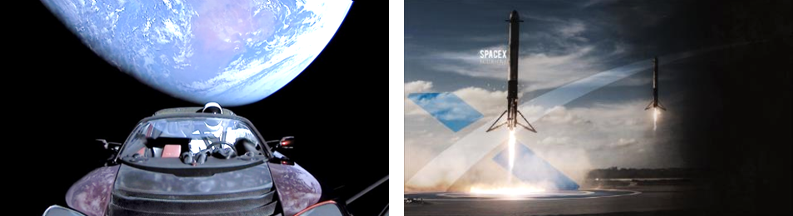 מימין: נחיתה בו־זמנית של שני בוסטרים של חברת SpaceX, 6 בפברואר 2018. משמאל: מכונית מדגם Tesla Roadster שפותחה על־ידי חברת Tesla כשברקע כדור הארץ. הרכב כיום סובב סביב השמש במסלול שחותך את מסלולו של כוכב הלכת מאדים.